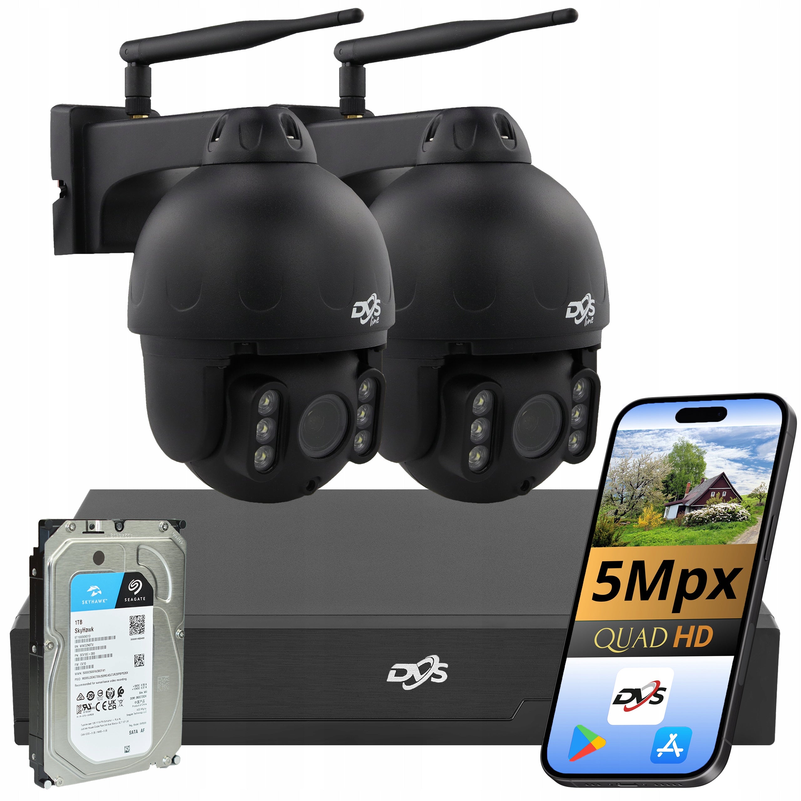 OUTDOOR WIFI CAMERA KIT 2 BLACK ROTATING WIRELESS CAMERAS 5Mp 1TB