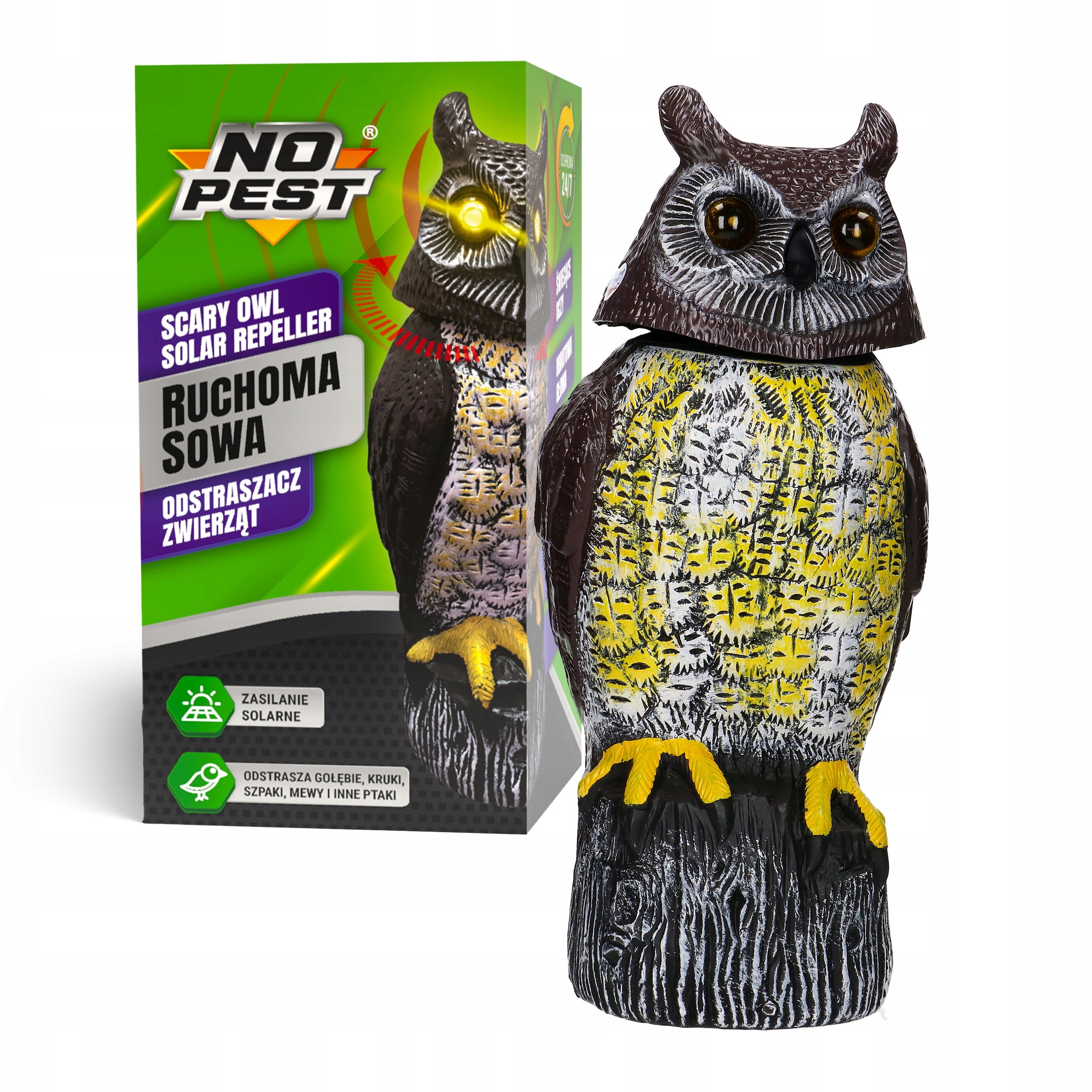OWL SOLAR BIRD REPELLENT MOVABLE SOUND MOCK-UP OF BIRD OF PREY Brand No-Pest