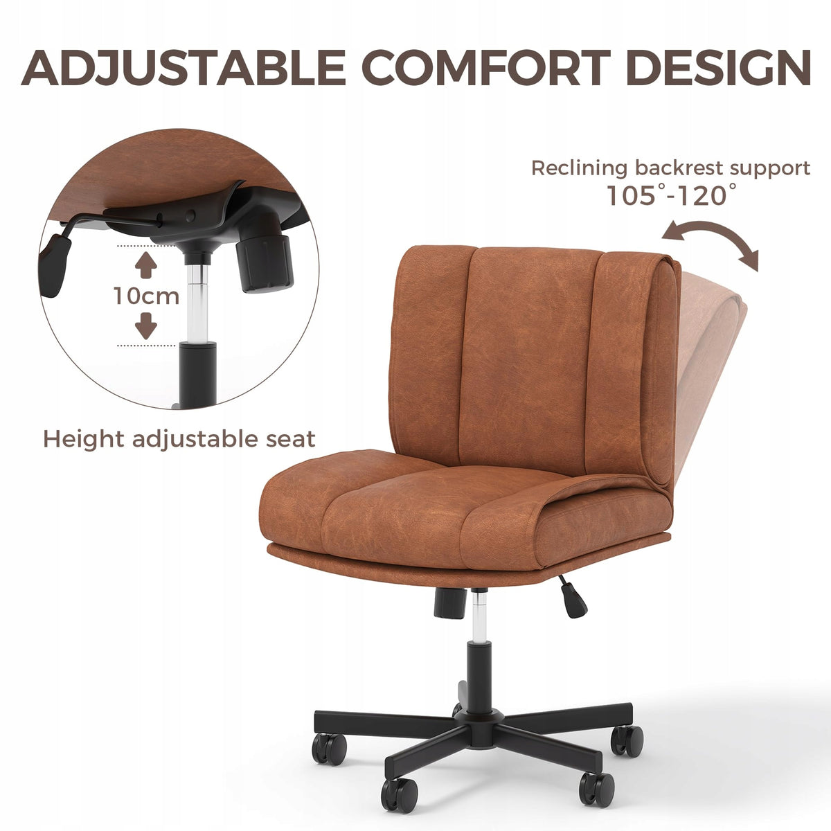 Office Chair, 360° Swivel Rolling Desk Chair with Adjustable Backrest,Brown Furniture depth 68 cm
