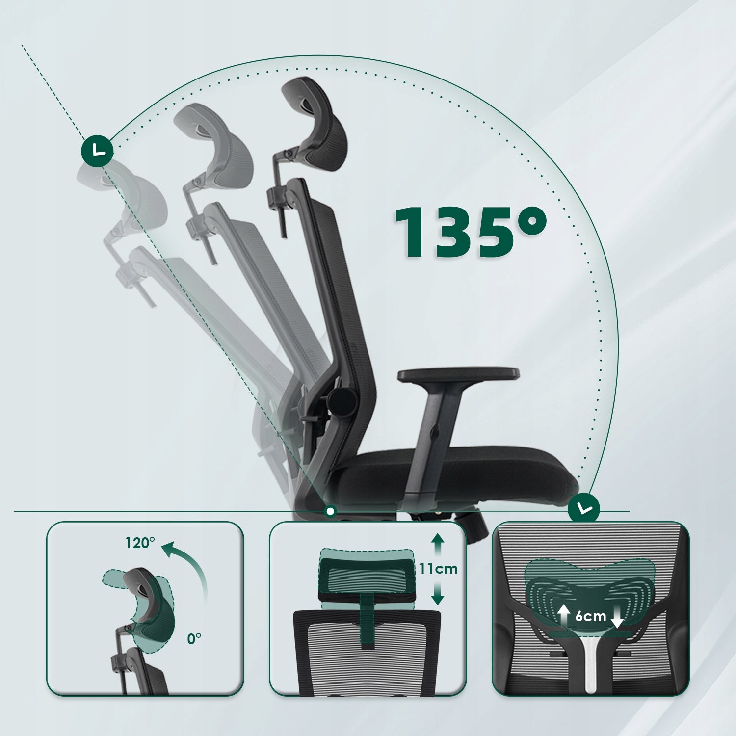 Office Chair Ergonomic Adjustable Head Lumbar Armrest Support Manufacturer code BGY-ZF35