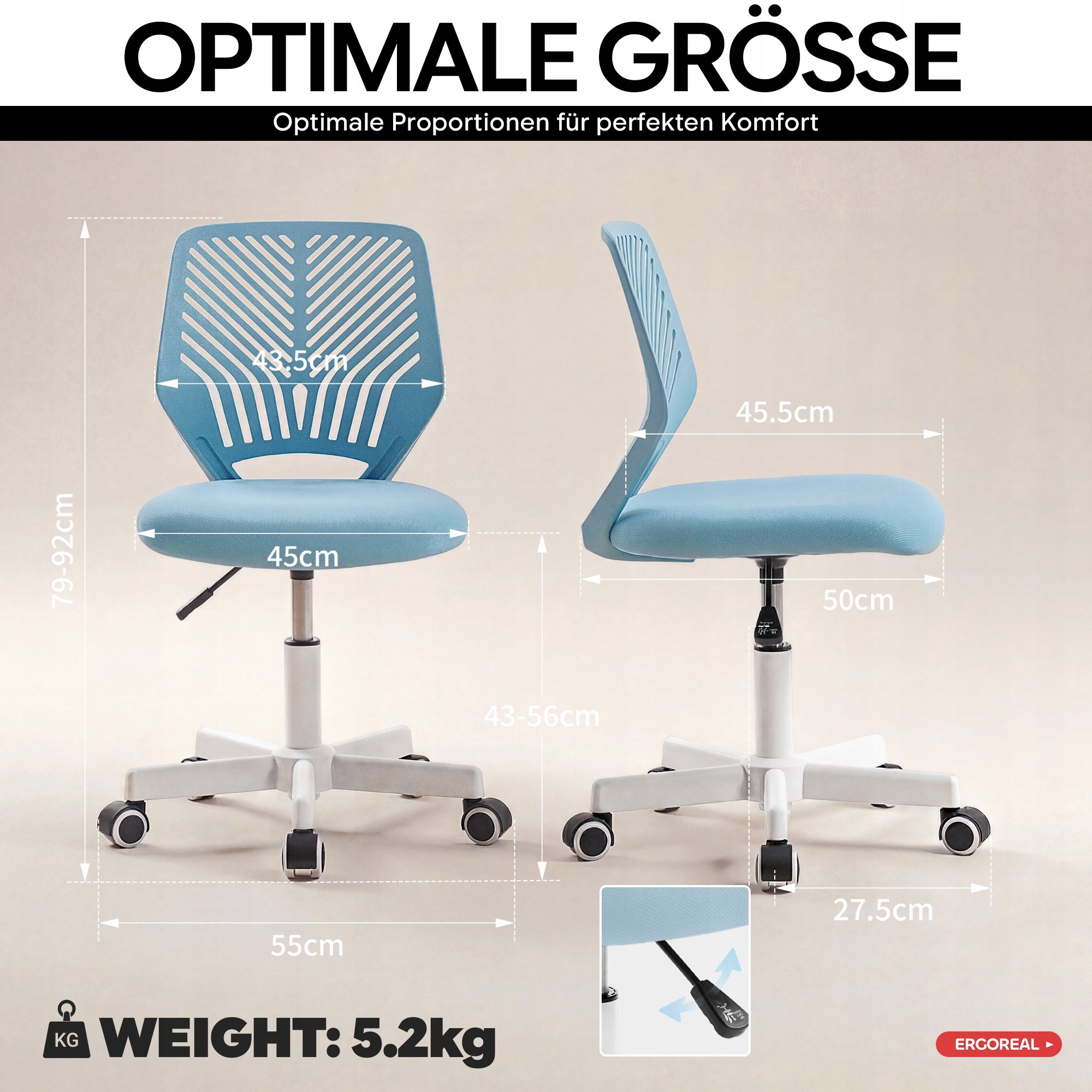 Office Chair Ergonomic Adjustable Swivel Without Armrests Furniture depth 92 cm