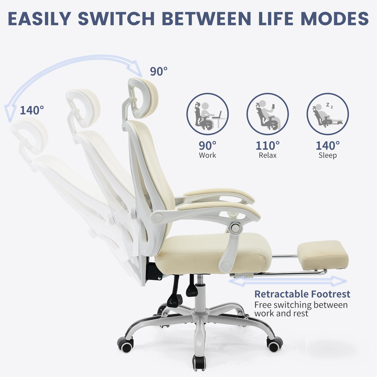 Office Chair Ergonomic Mesh Lumbar Headrest Footrest Adjustable Swivel Furniture depth 70 cm