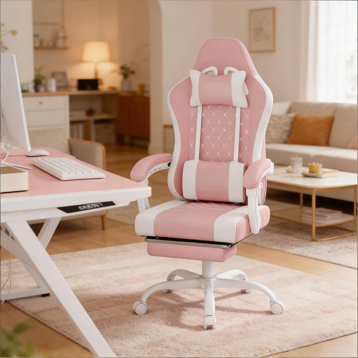 Office Chair Metal 360 Swivel Ergonomic White Pink 70x70x127 cm