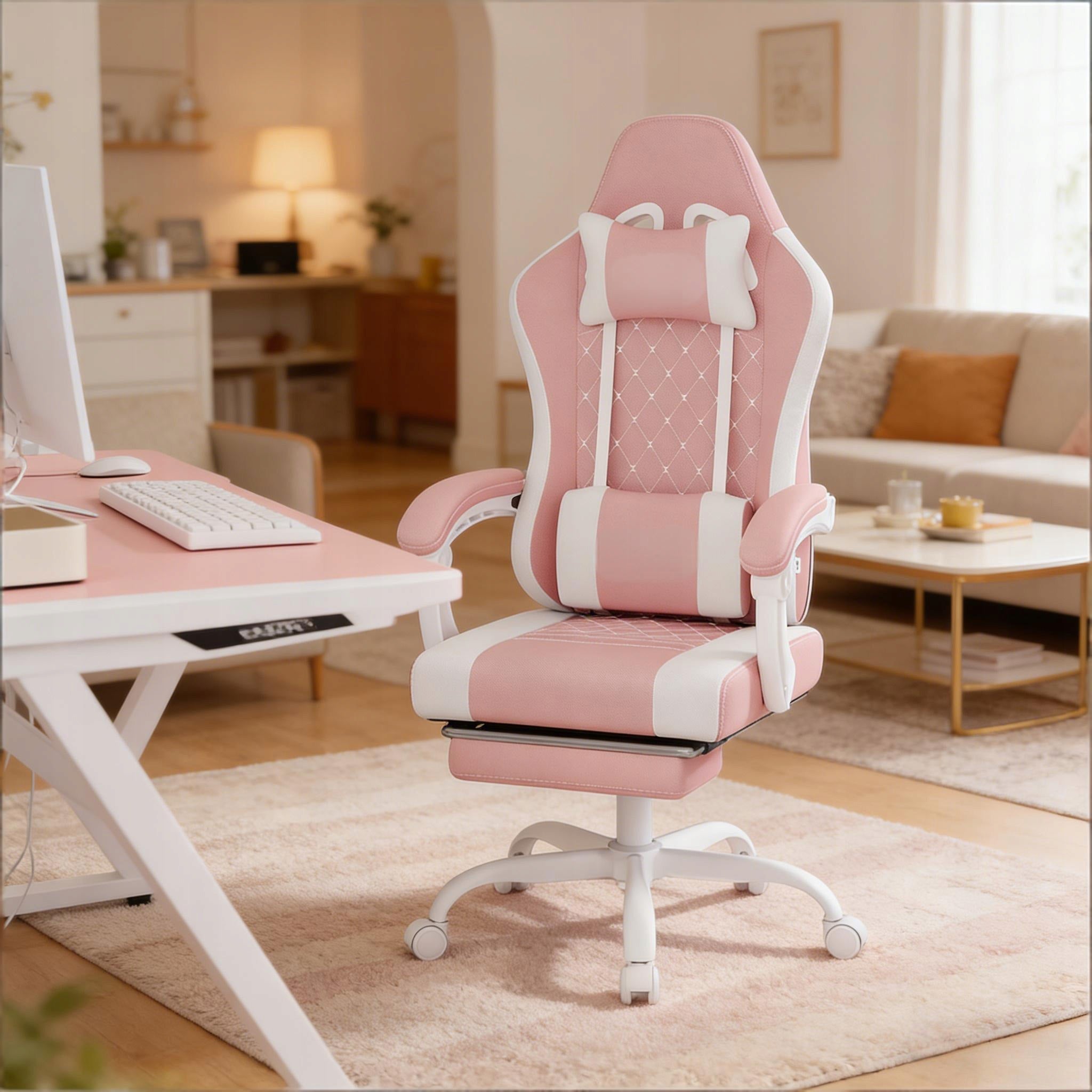 Office Chair Metal 360 Swivel Ergonomic White Pink 70x70x127 cm