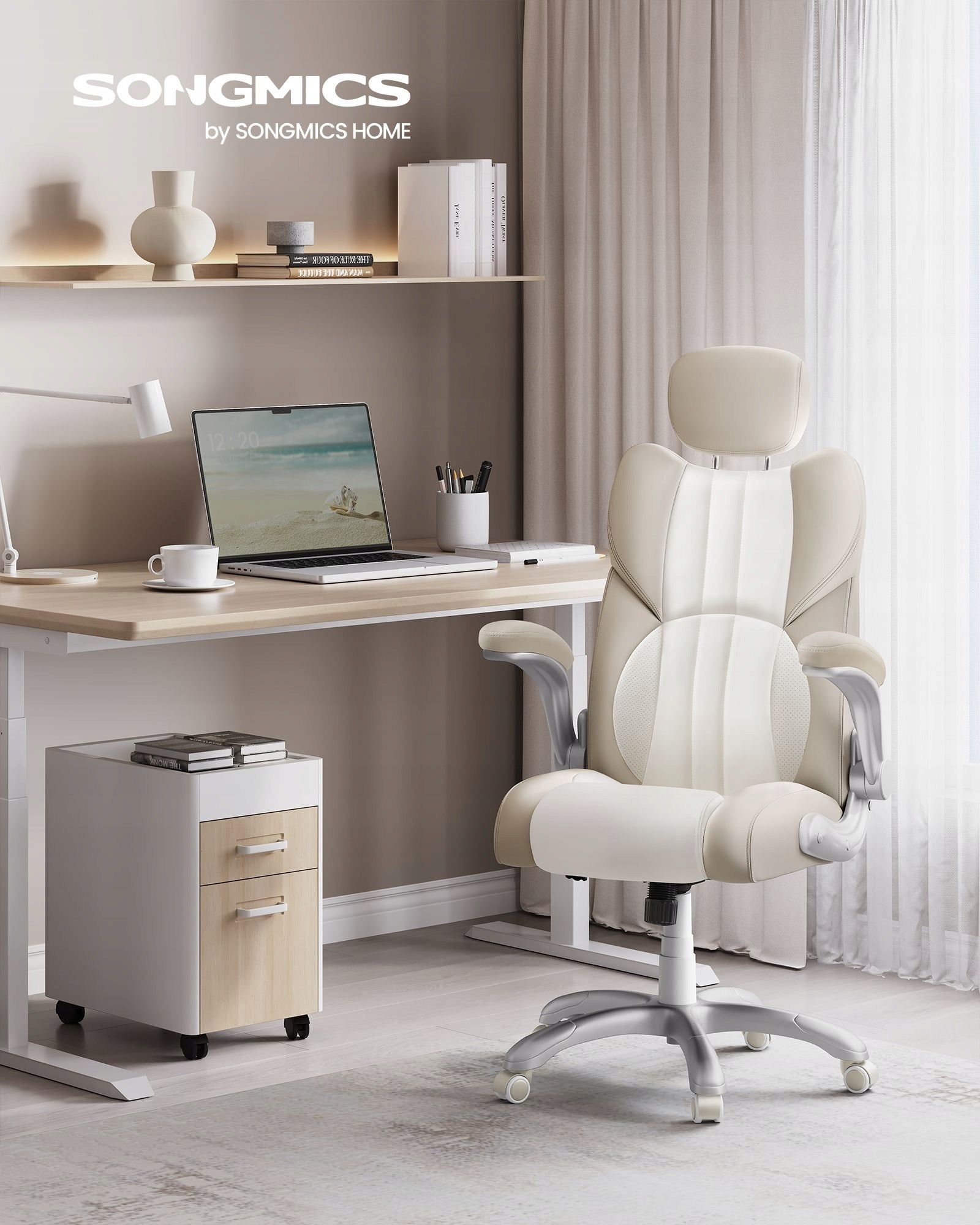 Office Chair SONGMICS Adjustable Headrest Height Rocking Creamy White Maximum load 150 kg