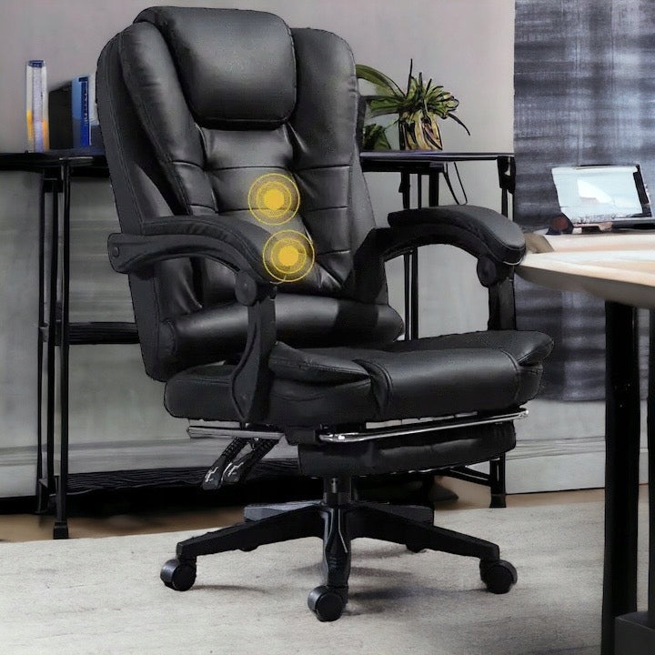 Office Chair SWIVEL with MASSAGE black PU LEATHER base CHROME + FOOTREST! Brand Cerlo