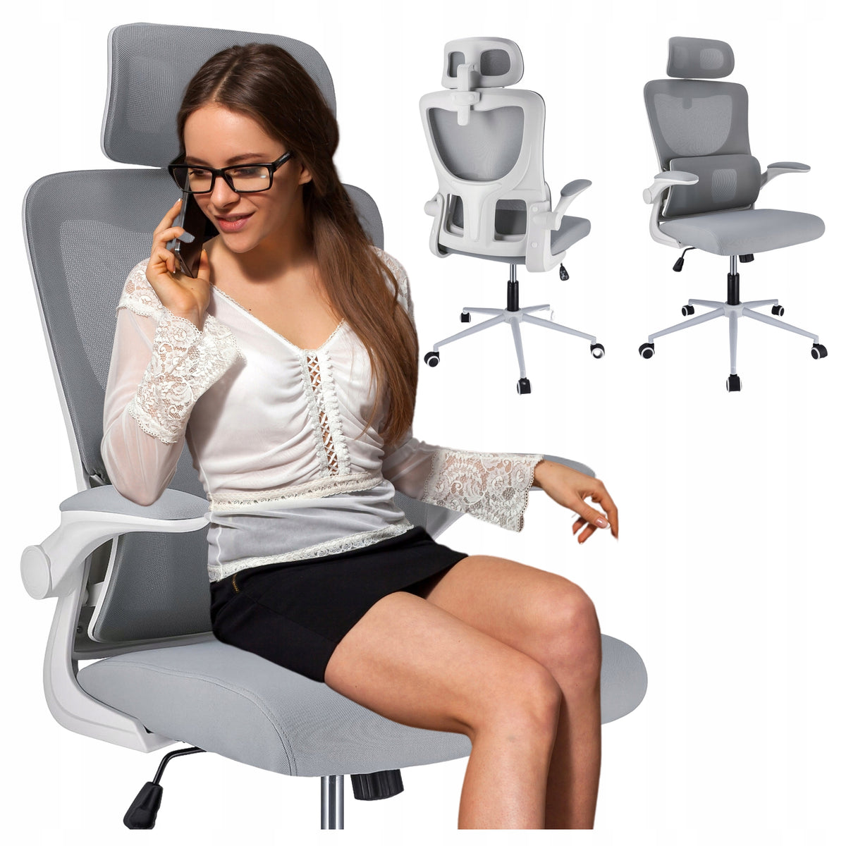 Office Chair Swivel Ergonomic Adjustable Headrest Armrests Grey