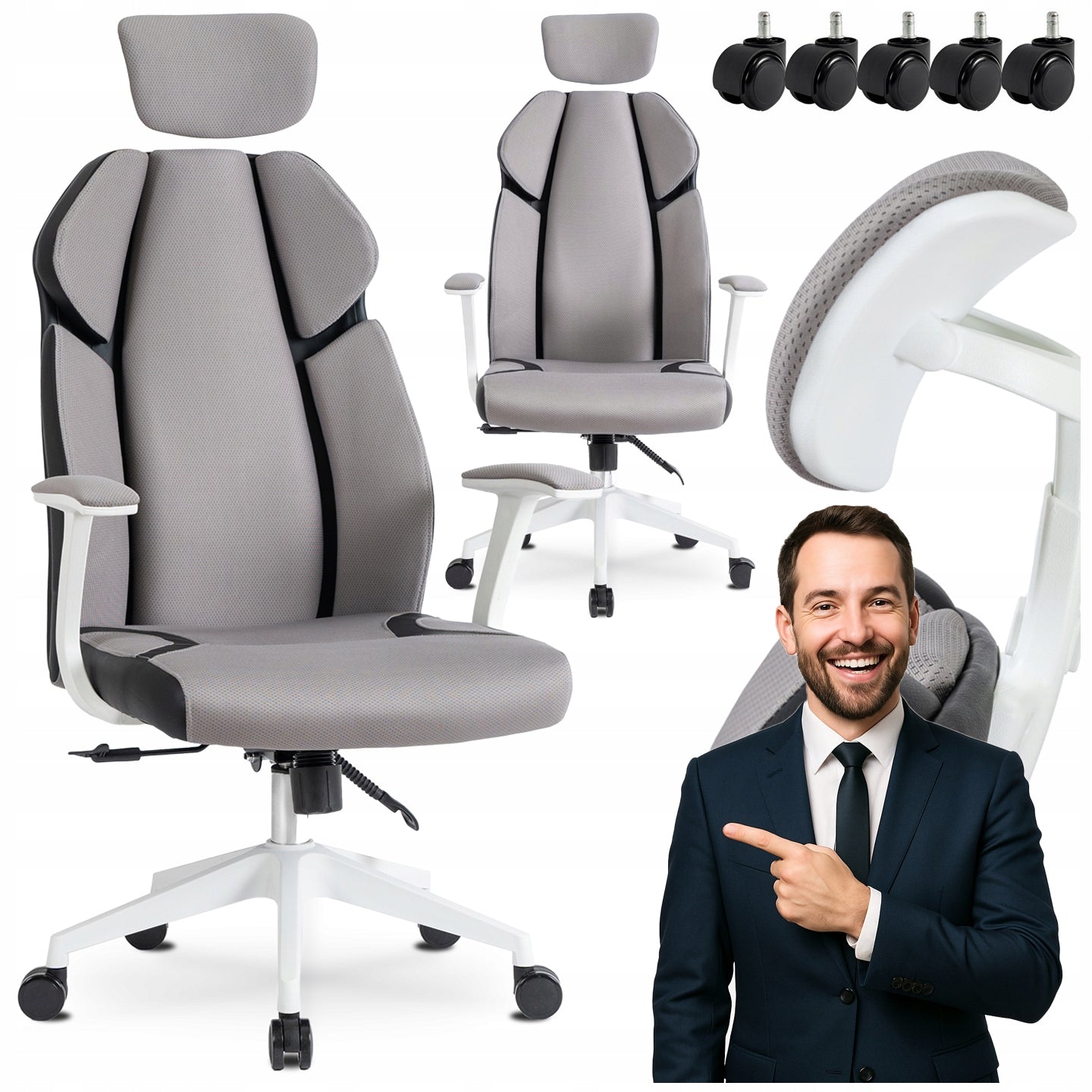 Office Chair Swivel Ergonomic Desk Chair White Grey DUNCAN
