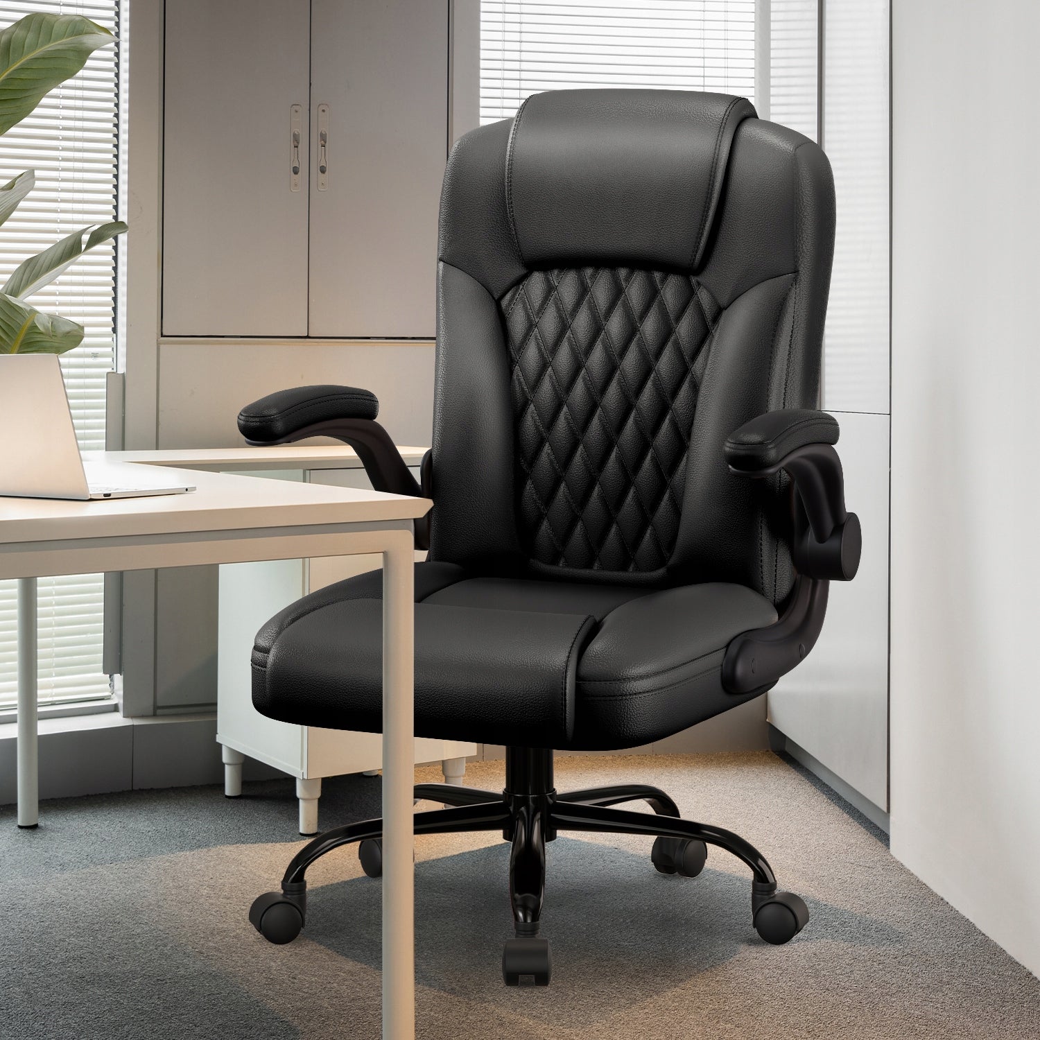 Office Chair Swivel Faux Leather Ergonomic Folding Armrests Black 120kg Packaging status original