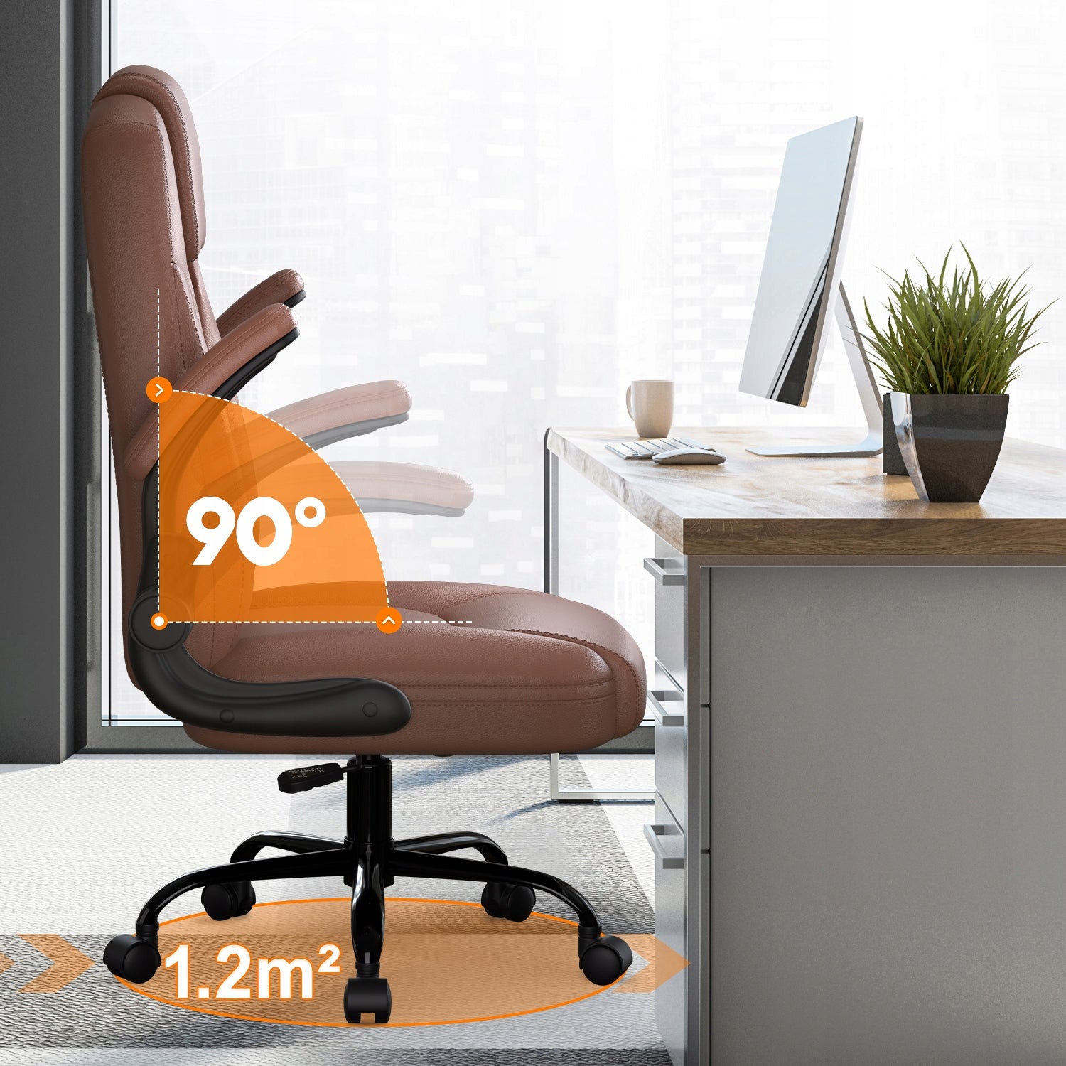 Office Chair Swivel Faux Leather Ergonomic Folding Armrests Brown 120kg Manufacturer code BGY-RY295