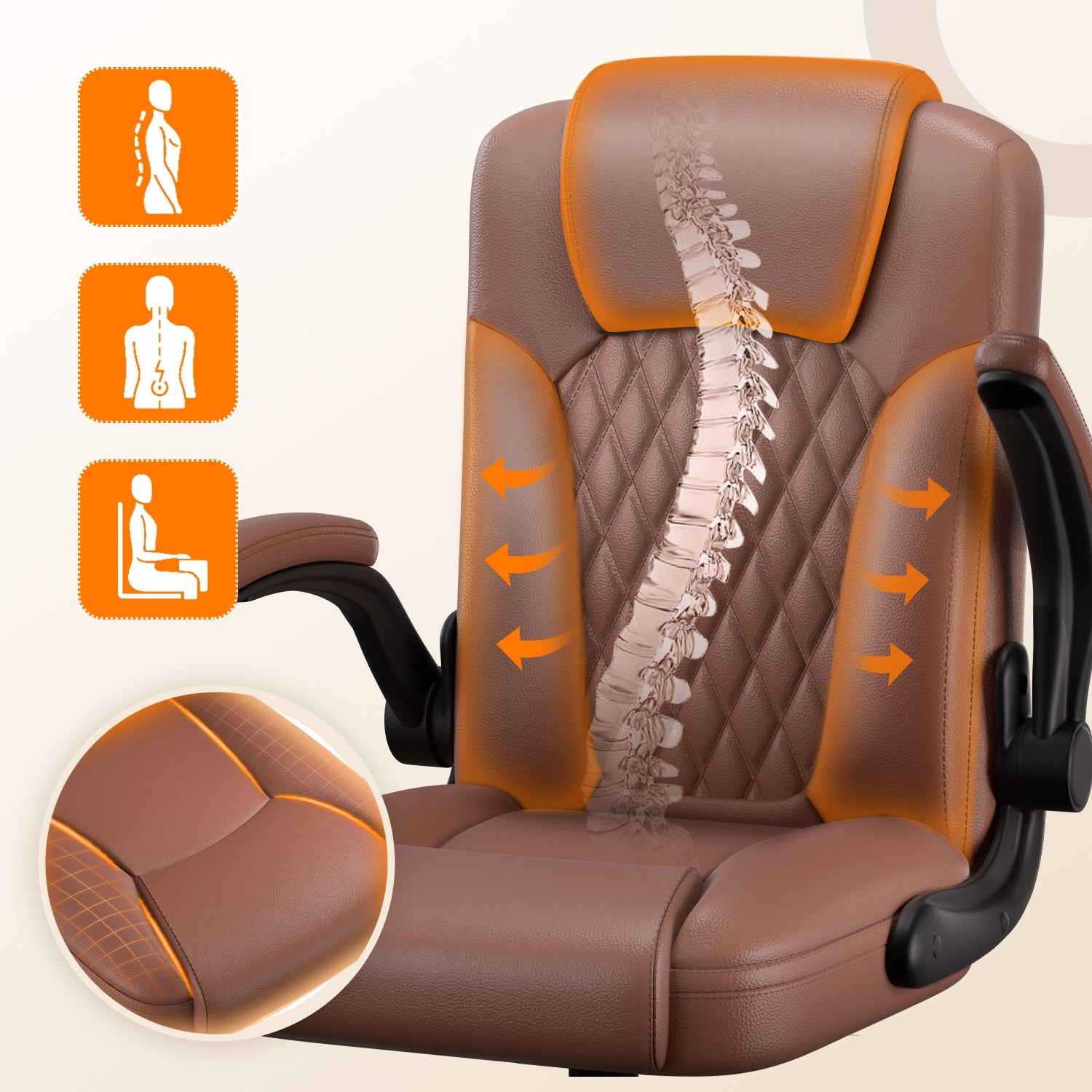 Office Chair Swivel Faux Leather Ergonomic Folding Armrests Brown 120kg Packaging status original
