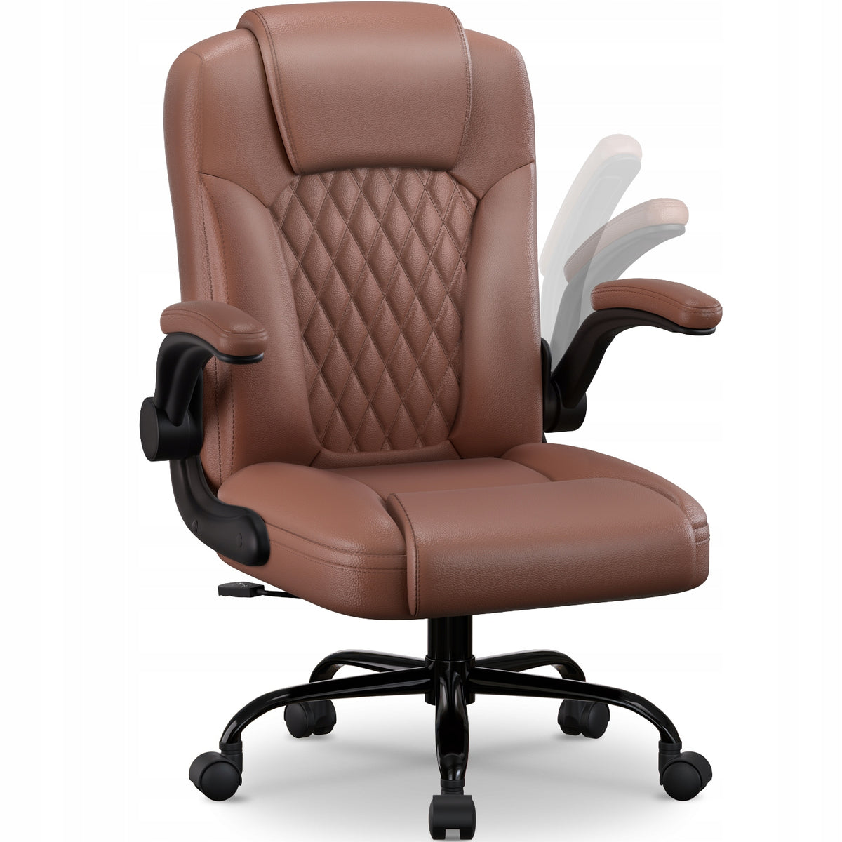 Office Chair Swivel Faux Leather Ergonomic Folding Armrests Brown 120kg