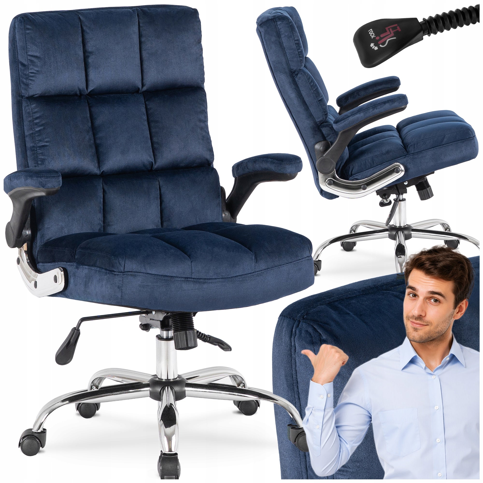 Office Chair Swivel Velour Desk Chair Navy Blue LONDON