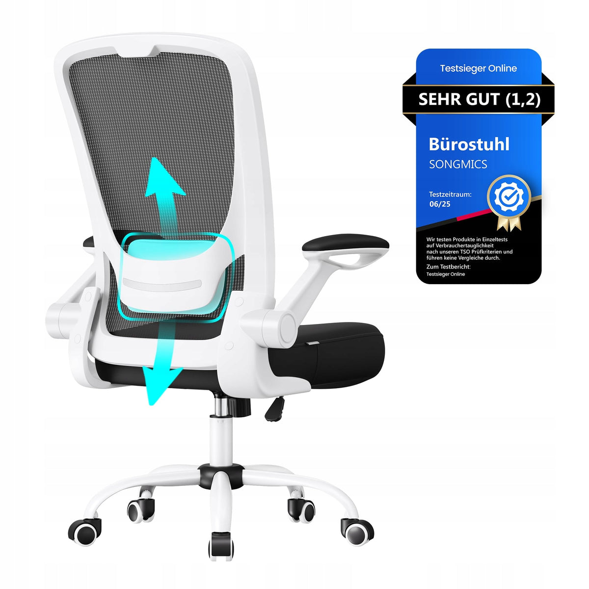 Office Chair with Folding Armrests, Black + White