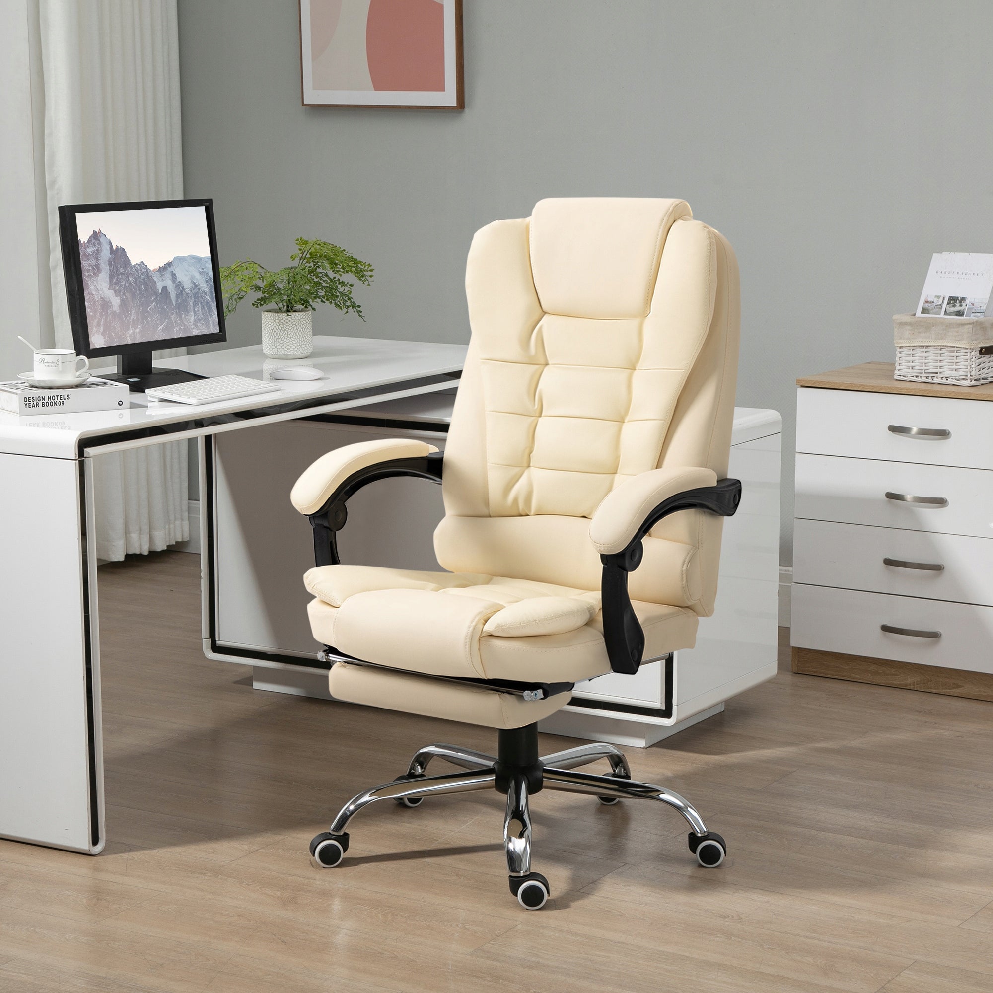 Office Head Chair with Footrest, Adjustment Function, Eco-leather, Beige Furniture depth 69 cm