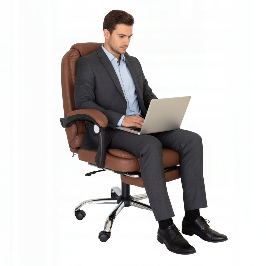 Office MASSAGE CHAIR BROWN ROTATING PU leather base chrome + FOOTREST Packaging status original