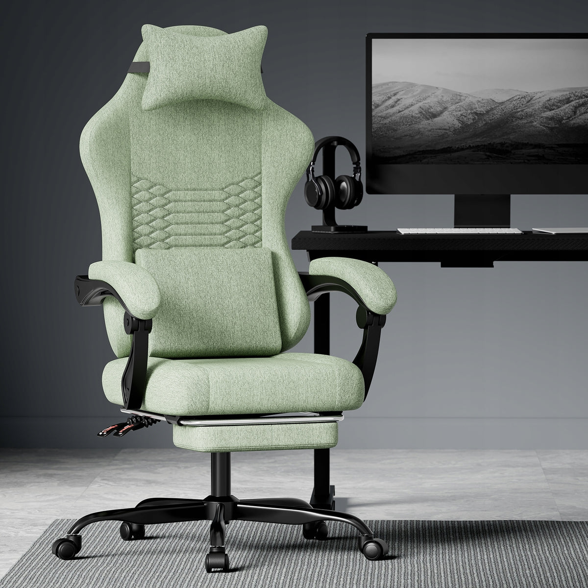 Office Material Gaming Chair with Massage Footrest Green Furniture depth 50 cm