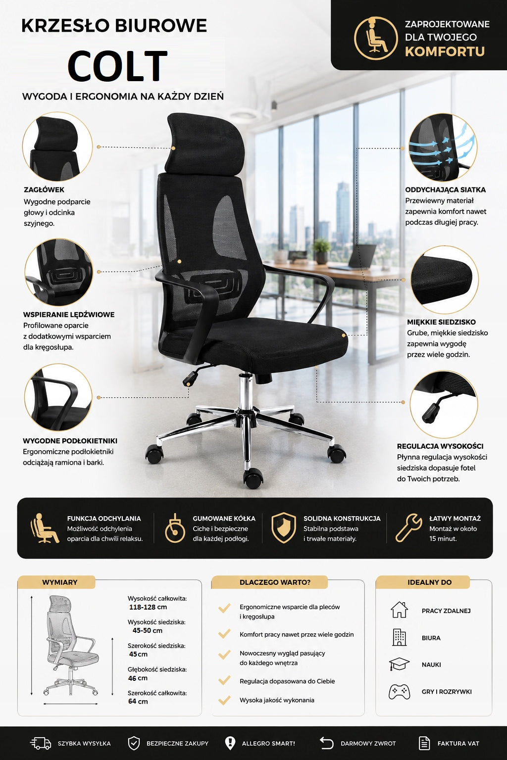 Office chair COLT swivel chair ergonomic black Packaging status original
