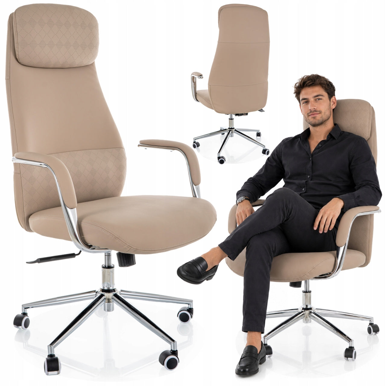 Office chair Q-05 swivel adjustable headrest chair office faux leather beige