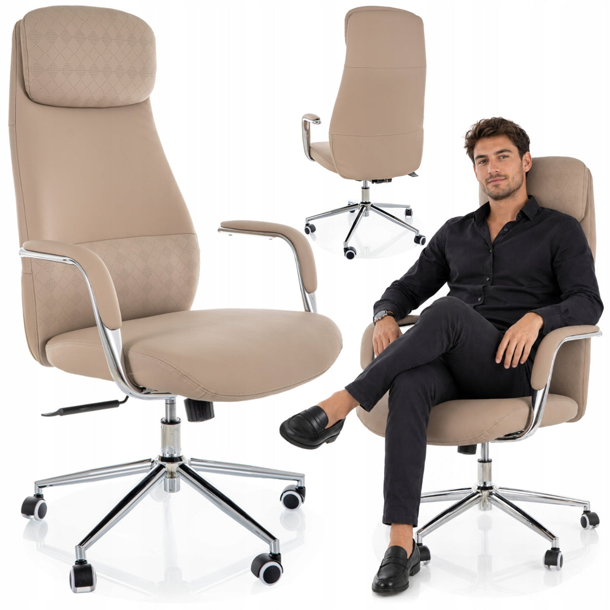 Office chair Q-05 swivel adjustable headrest chair office faux leather beige