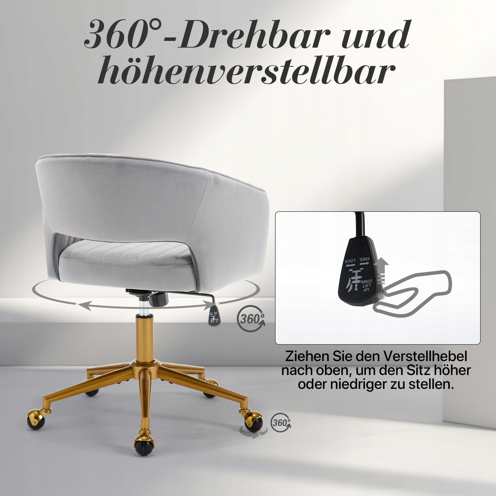 Office chair, grey, with velour upholstery, swivel 360°, 53*53*55 cm. Packaging status original