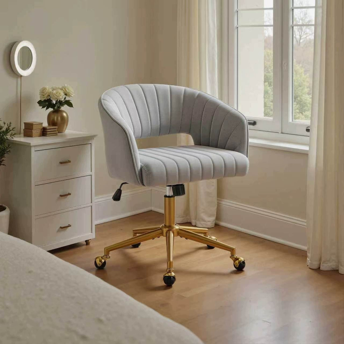 Office chair, grey, with velour upholstery, swivel 360°, 53*53*55 cm.