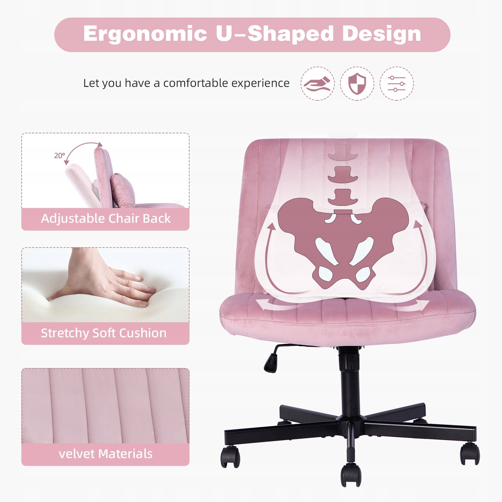 Office chair pink adjustable swivel without armrests Manufacturer code 9008918912935