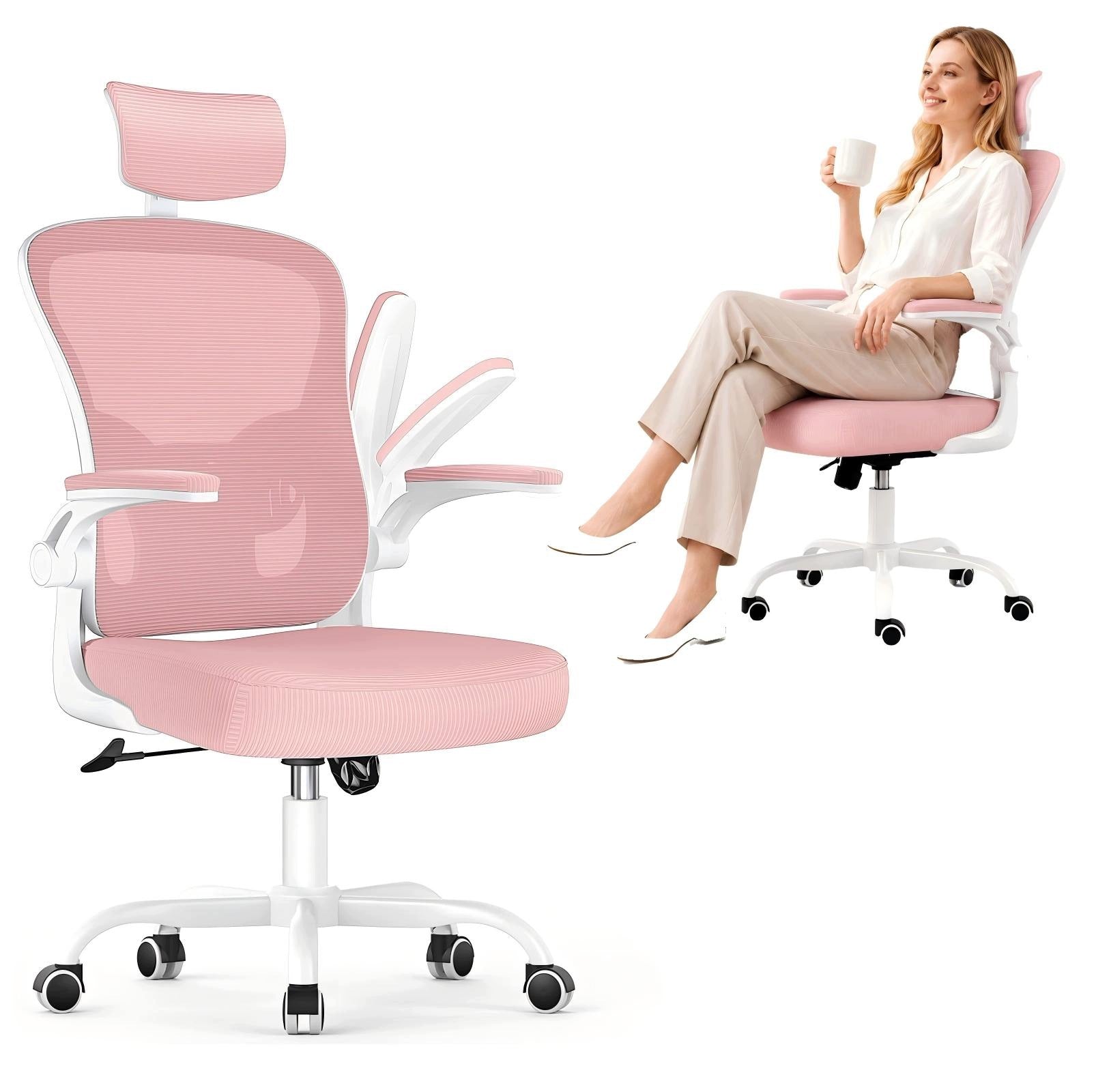 Office chair pink ergonomic with headrest and folding armrests