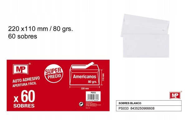 Office envelopes 220 x 110 mm, 60 pieces