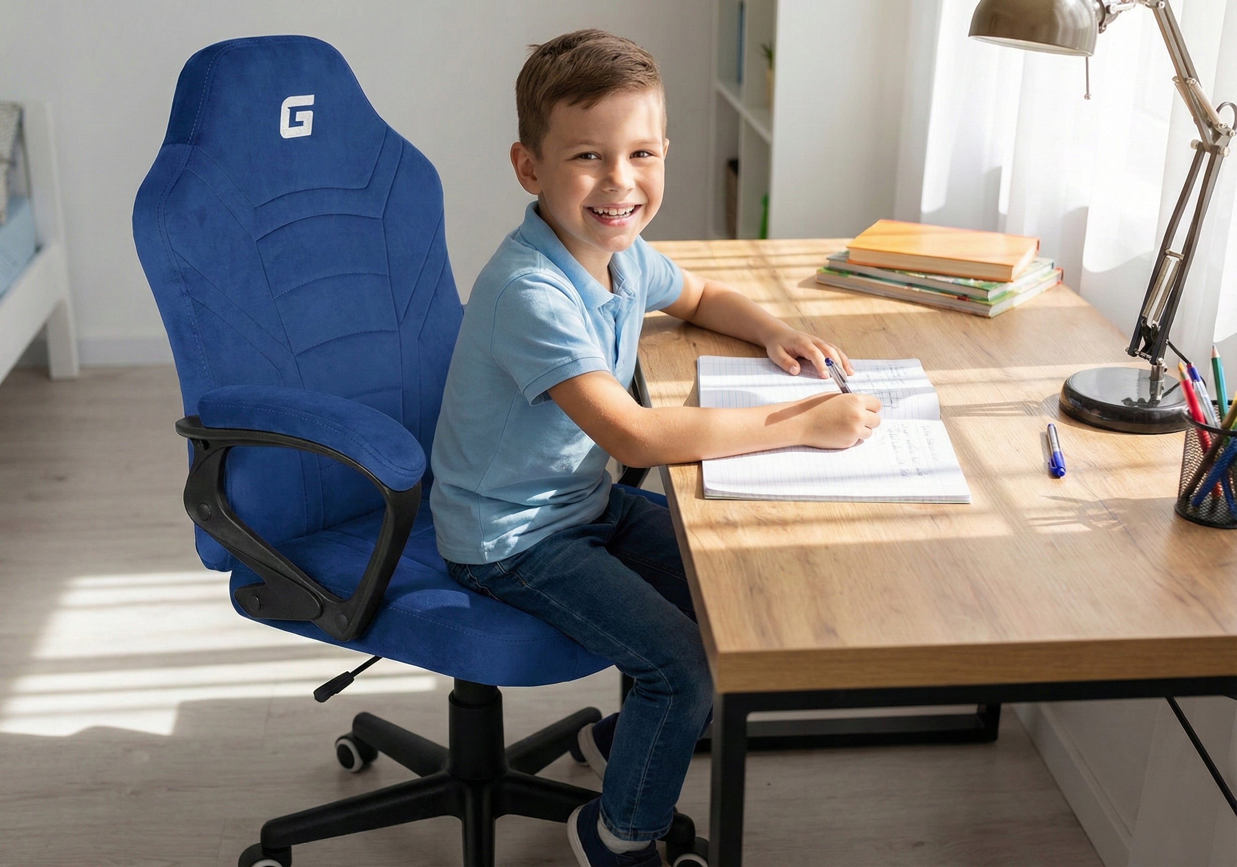 Office gaming swivel chair MARIO desk chair velour blue Furniture width 54 cm