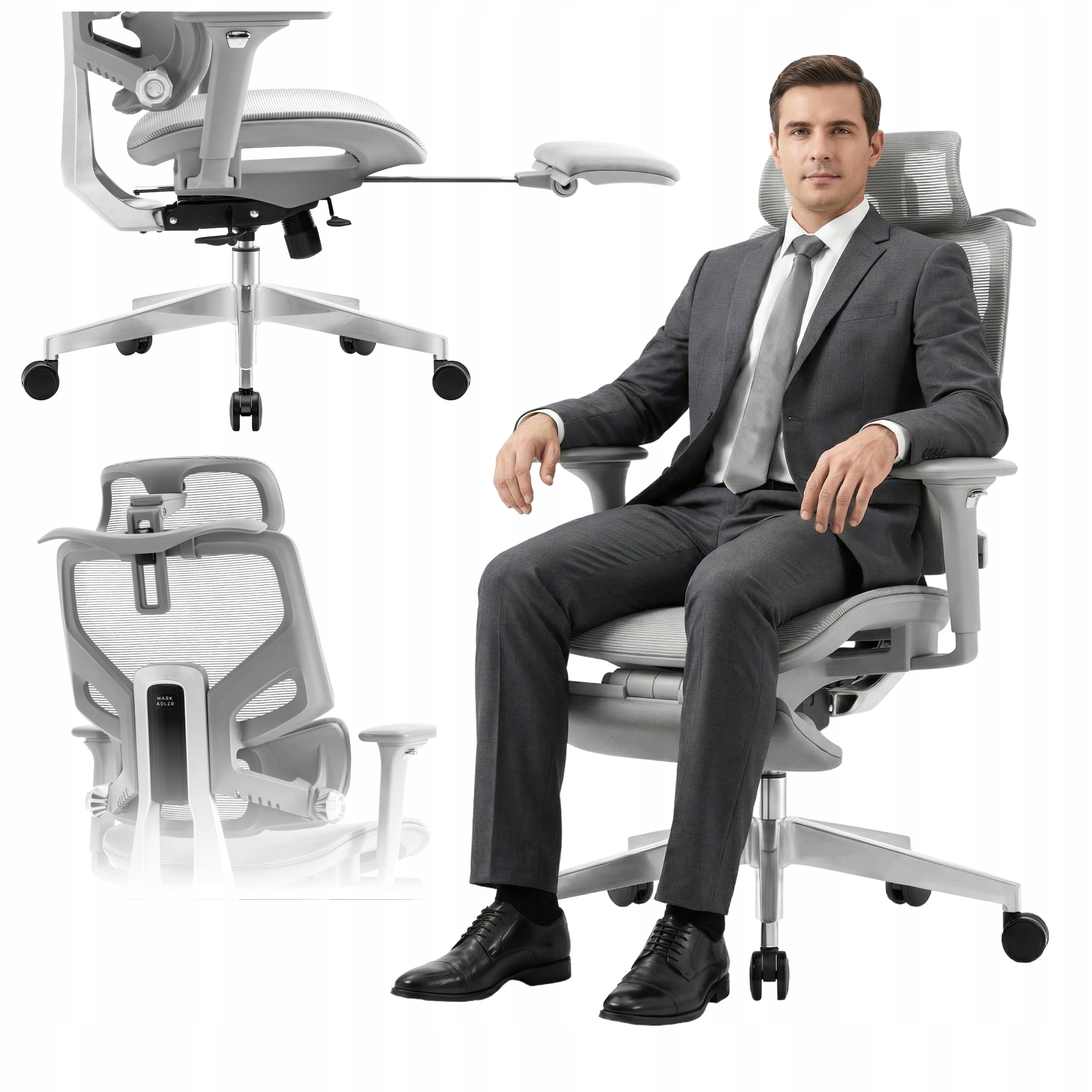 Office swivel chair MARK ADLER grey ergonomic with footrest hanger