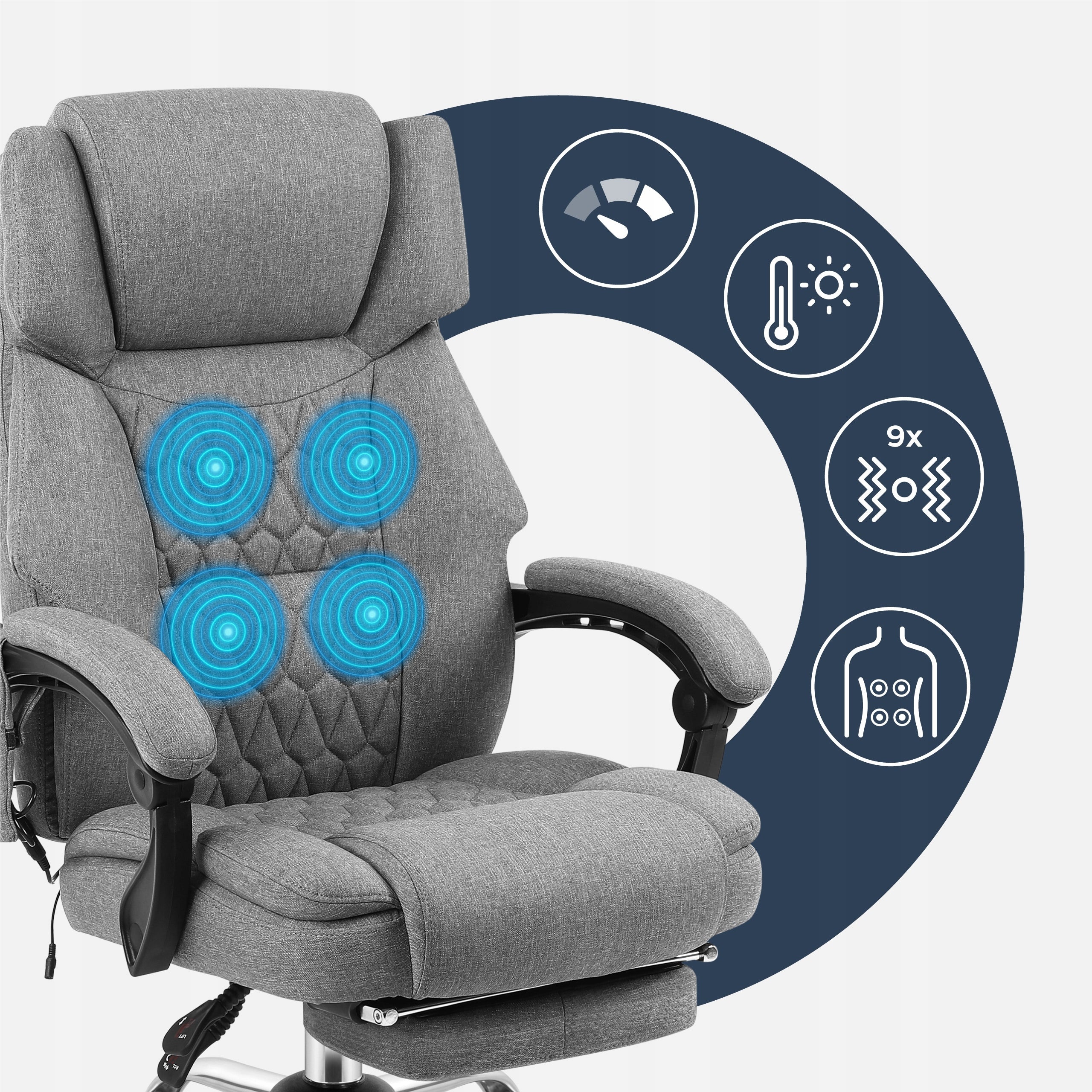 Office swivel chair MARK ADLER grey ergonomic with massage and footrest Medical device no