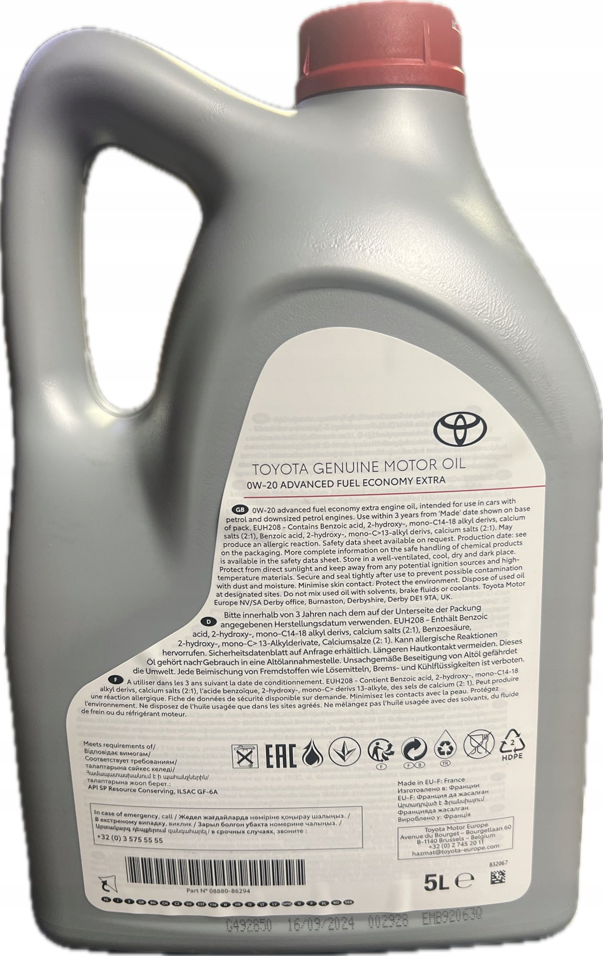 Oil 0W20 AFE EXTRA 5l TOYOTA OE Packaging status original