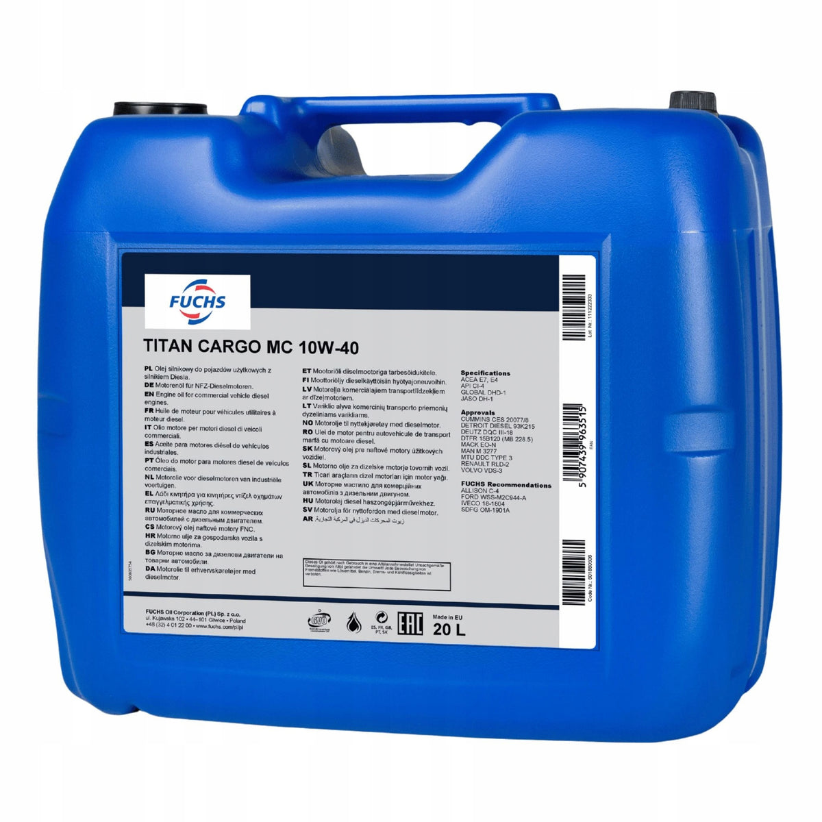 Oil Fuchs Titan Cargo MC 10W40 Engine E7/E4 20L API CI-4