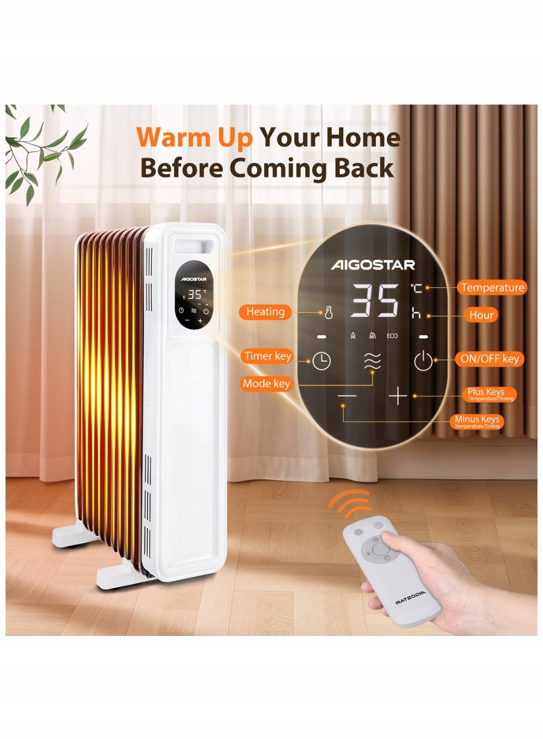 Oil Heater with Remote Control LED Panel, 11 Ribs White #1002