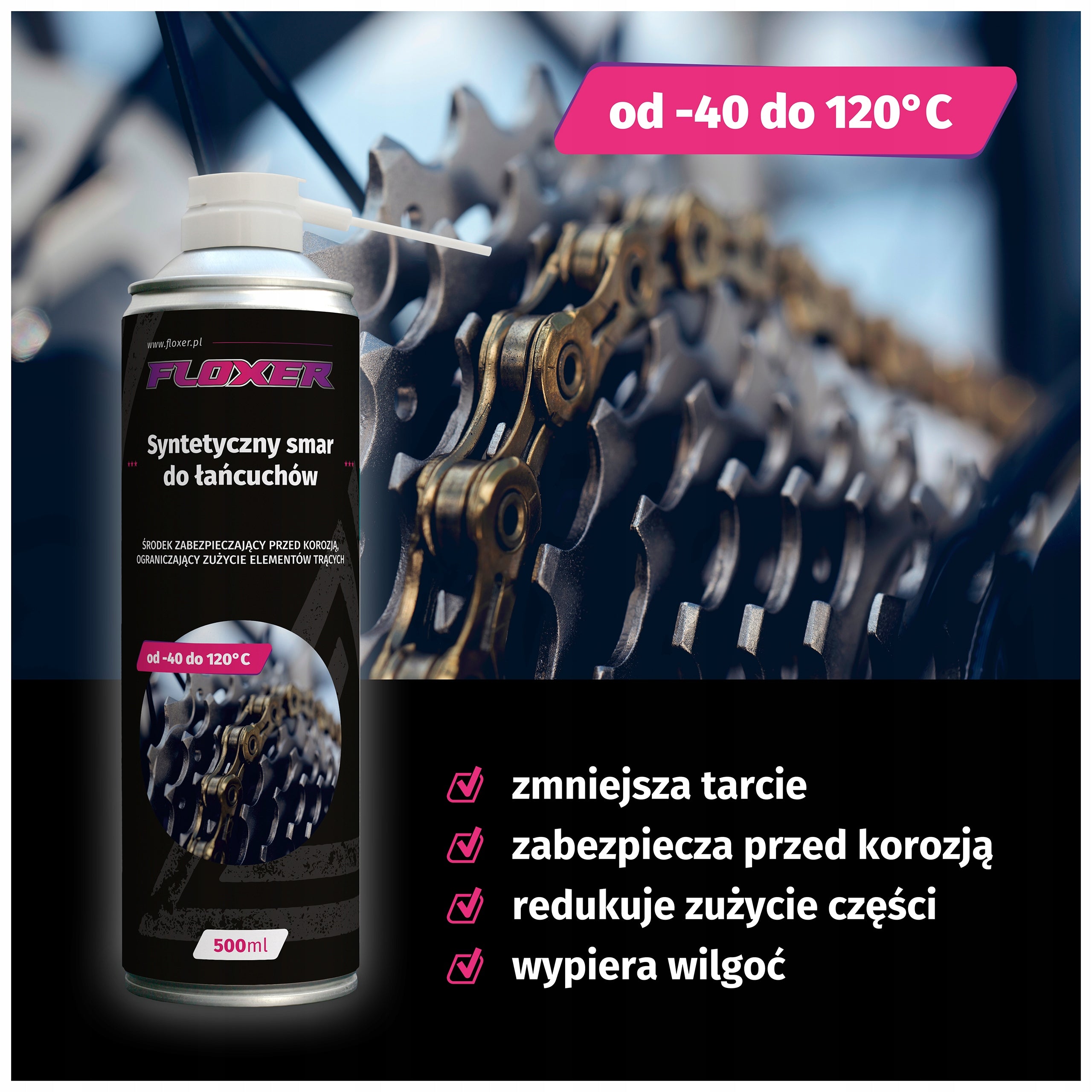 Oil for lubricating chain grease spray - Floxer 500ml strong protection Manufacturer code Profesjonalny SMAR w sprayu 500ml do łańcuchu