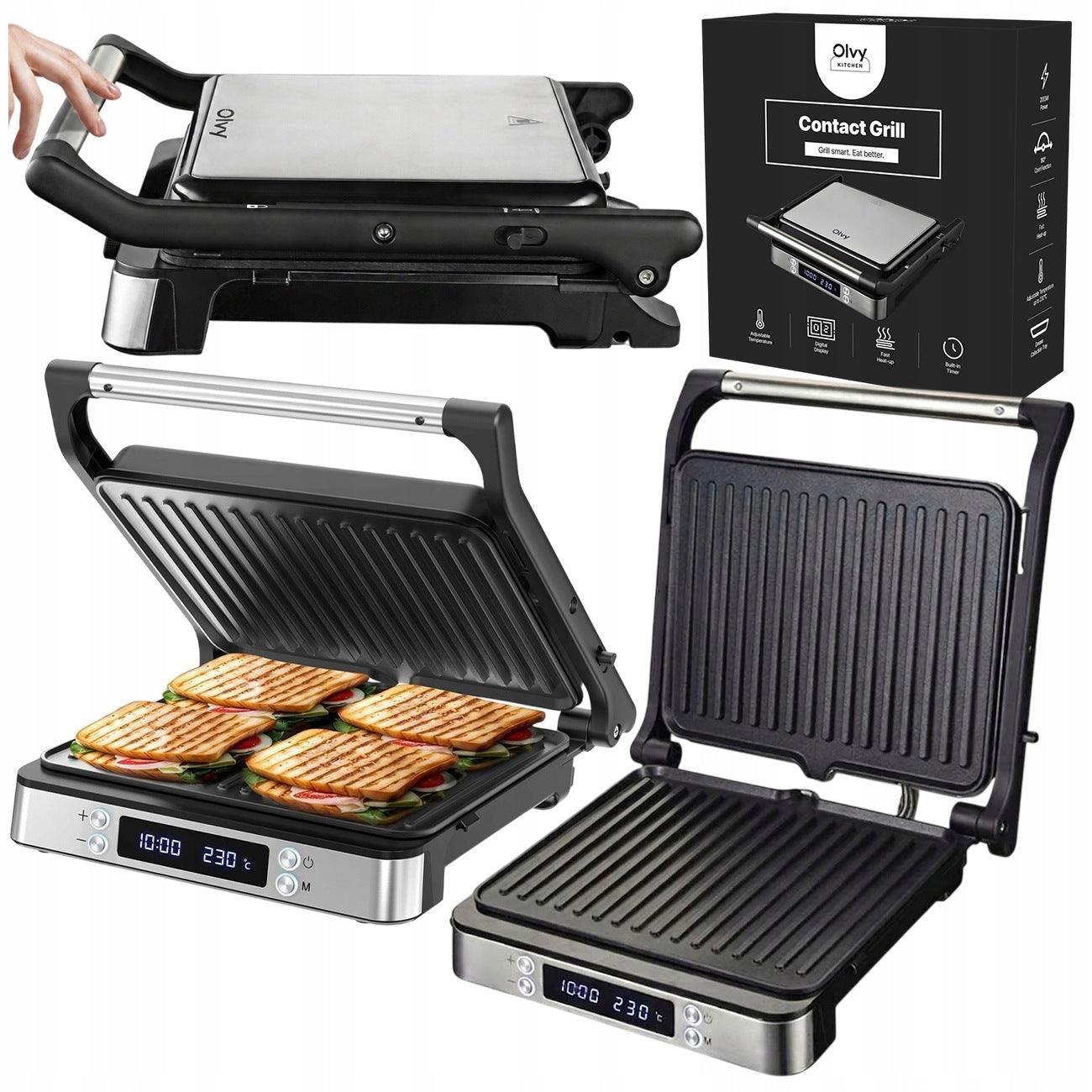 Olvy Grill Kontaktowy XL 4 Tosty z Timerem i Regulacją Temp. 2000W