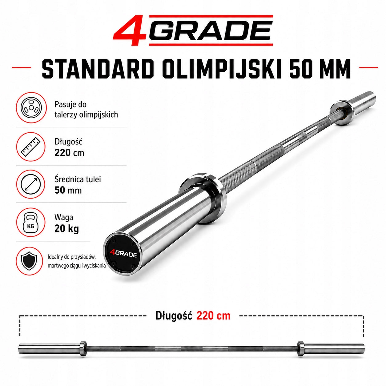 Olympic Griffin 220 cm 20 kg 50 mm 4GRADE 400 LBS chrome steel A5 barbell Total length 220 cm