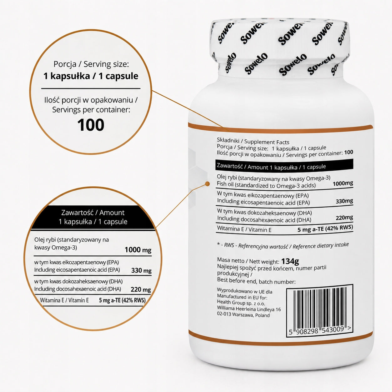 Omega 3 1000 mg 330 EPA + 220 DHA + Vitamin E 100 Kaps – Heart, Brain – Sowelo Brand Sowelo
