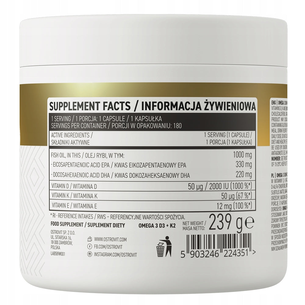 Omega 3 D3+K2 OstroVit 180 caps FATTY ACIDS Heart Bone Resistance Strength Packaging status original