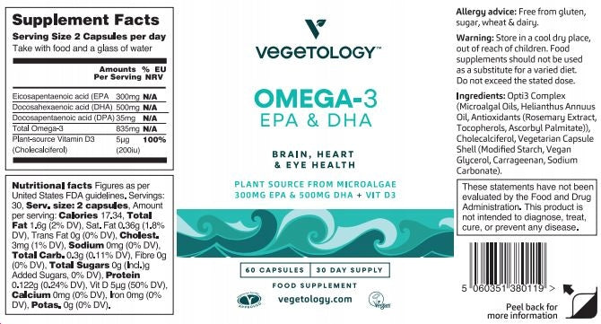 Omega-3 DHA EPA 835mg + Hello D3 200iu STRONG VEGE Brand Vegetology