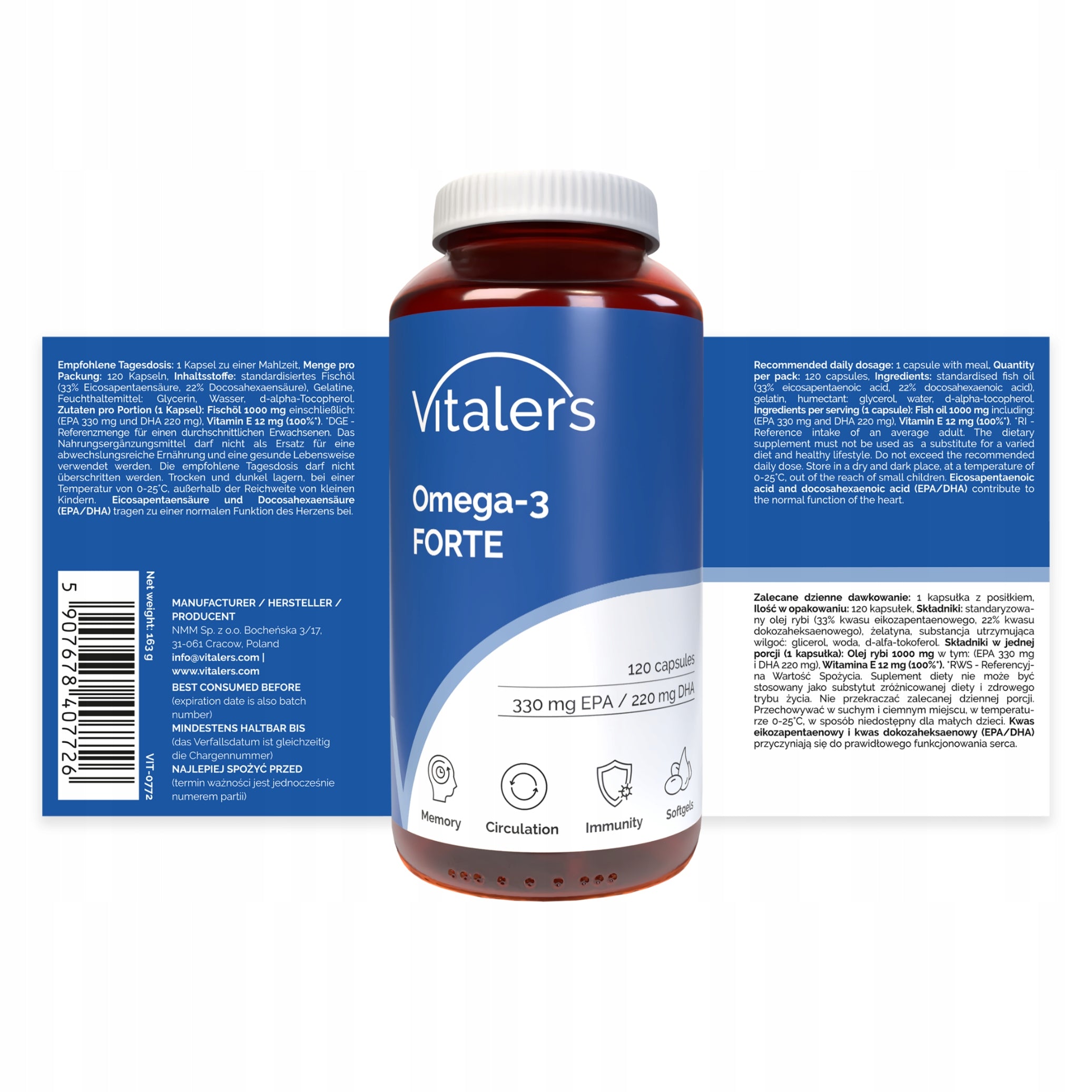 Omega 3 FORTE 1000 mg for 120 days 330 EPA 220 DHA Healthy Heart Brain + Freebie Brand Vitaler's
