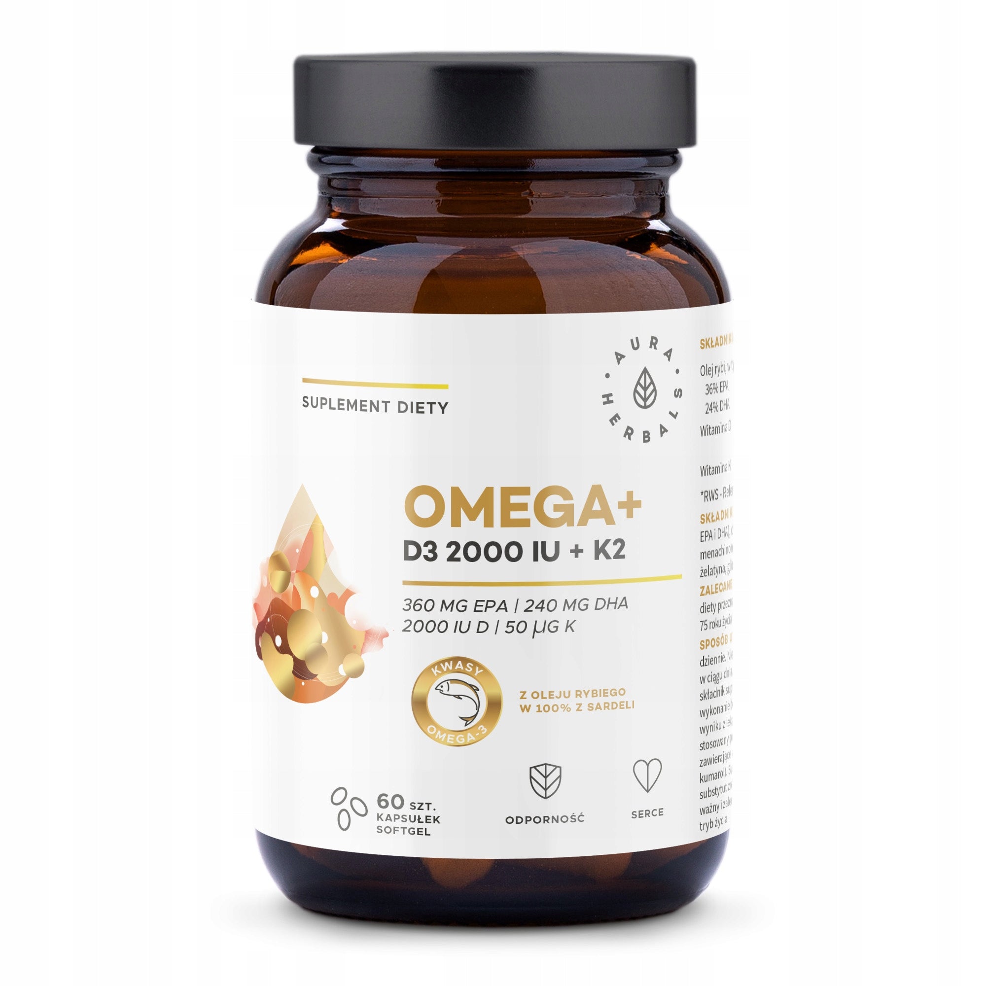 Omega+ Vitamin D3 2000 IU + K2 MK-7 Aura Herbals 60 capsules Pure Composition Manufacturer code AUR/OME+D3K2/60/KAP/