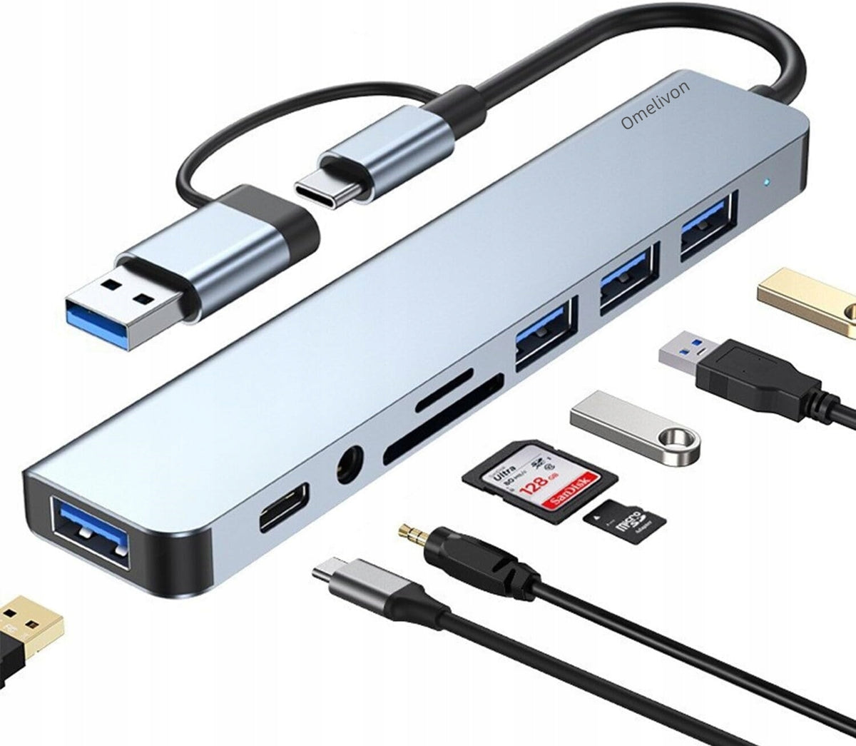 Omelivon,8 Port USB Hub & USB C Hub 3.0, 8 in 1 USB Splitter Extender,Gray