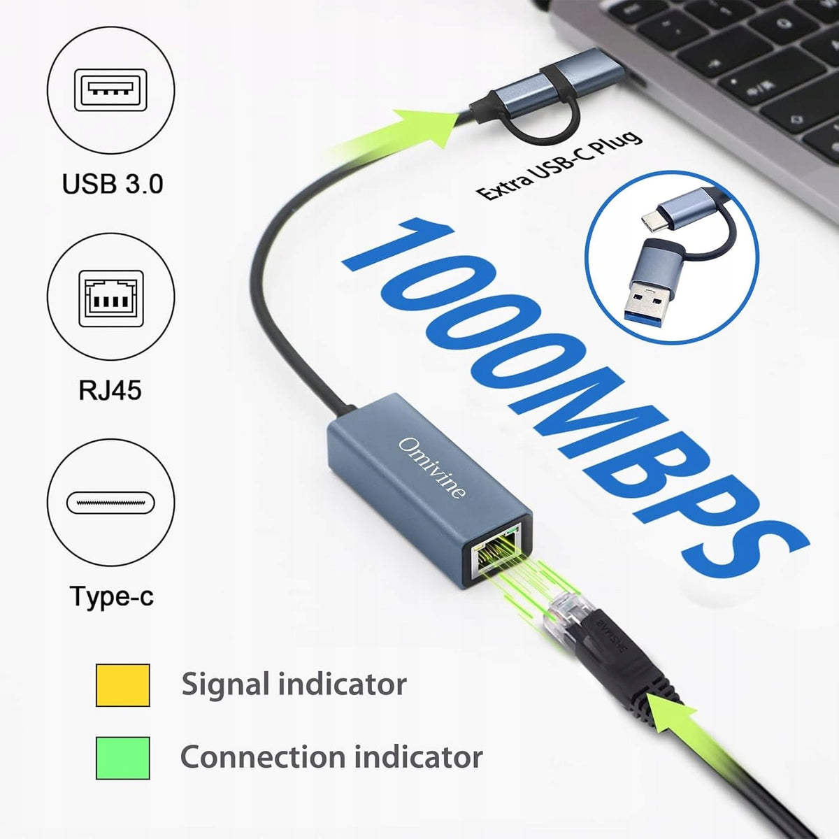 Omivine Adapter 2in1 USB 3.0 USB-C 1000Mbps RJ45 Network Card Manufacturer code 2w1