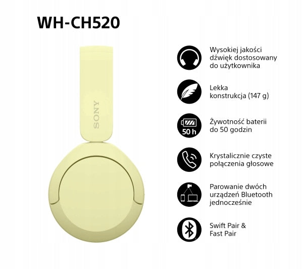 On-ear headphones SONY WH-CH520 Bluetooth 5.2 Yellow wireless Packaging status original