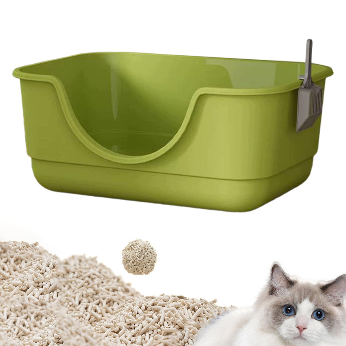 Open Litter Box Cat Sand Box for Small Cats Large Capacity Cat Bedpan Green