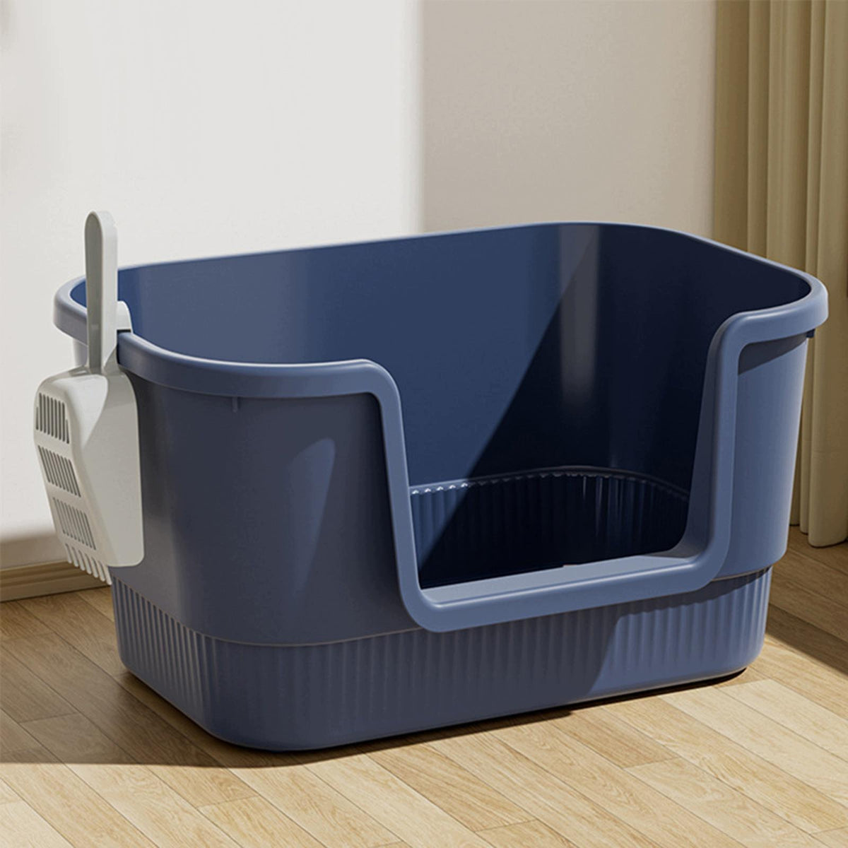 Open Litter Box Easy to Clean Cat Litter Container with Scoop Portable Blue Packaging status original