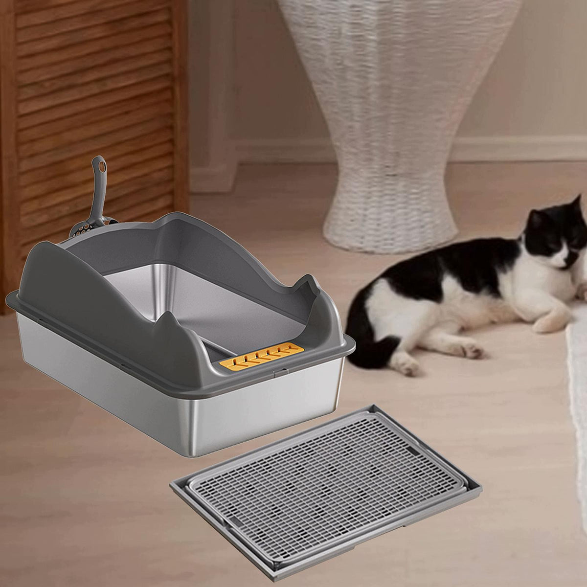 Open Litter Box Kitty Litter Box Pet Sandbox Open Top Deep grey with mat