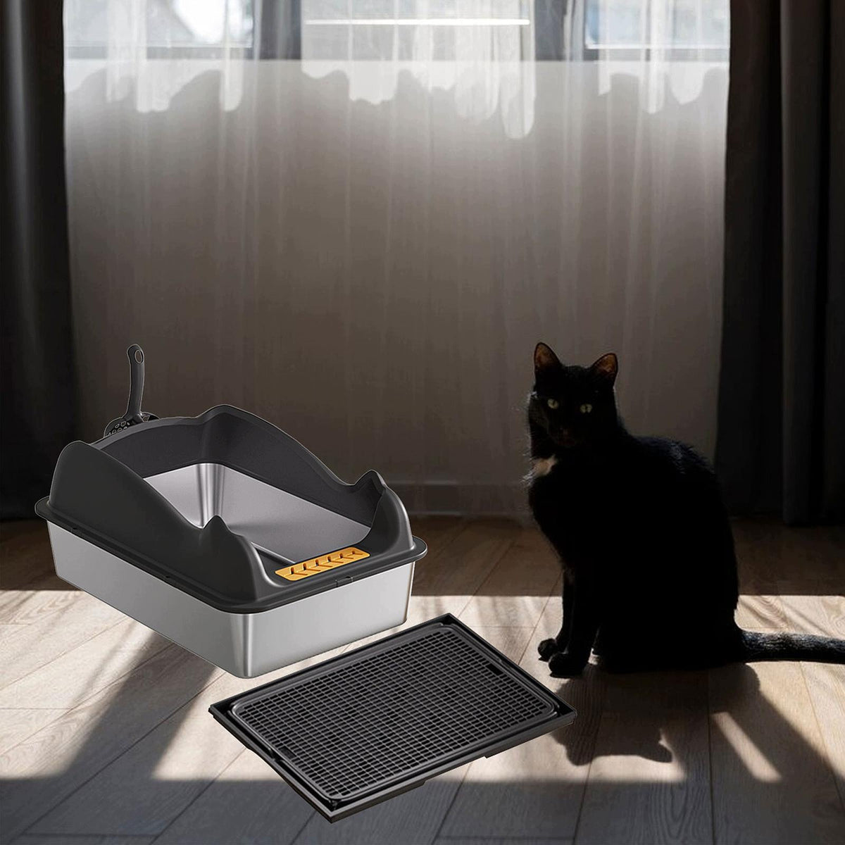 Open Litter Box Kitty Litter Box Pet Sandbox Open Top Pet Black with mat